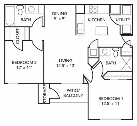 Floor plan for 2 beds, 2 baths, 1062 sqft